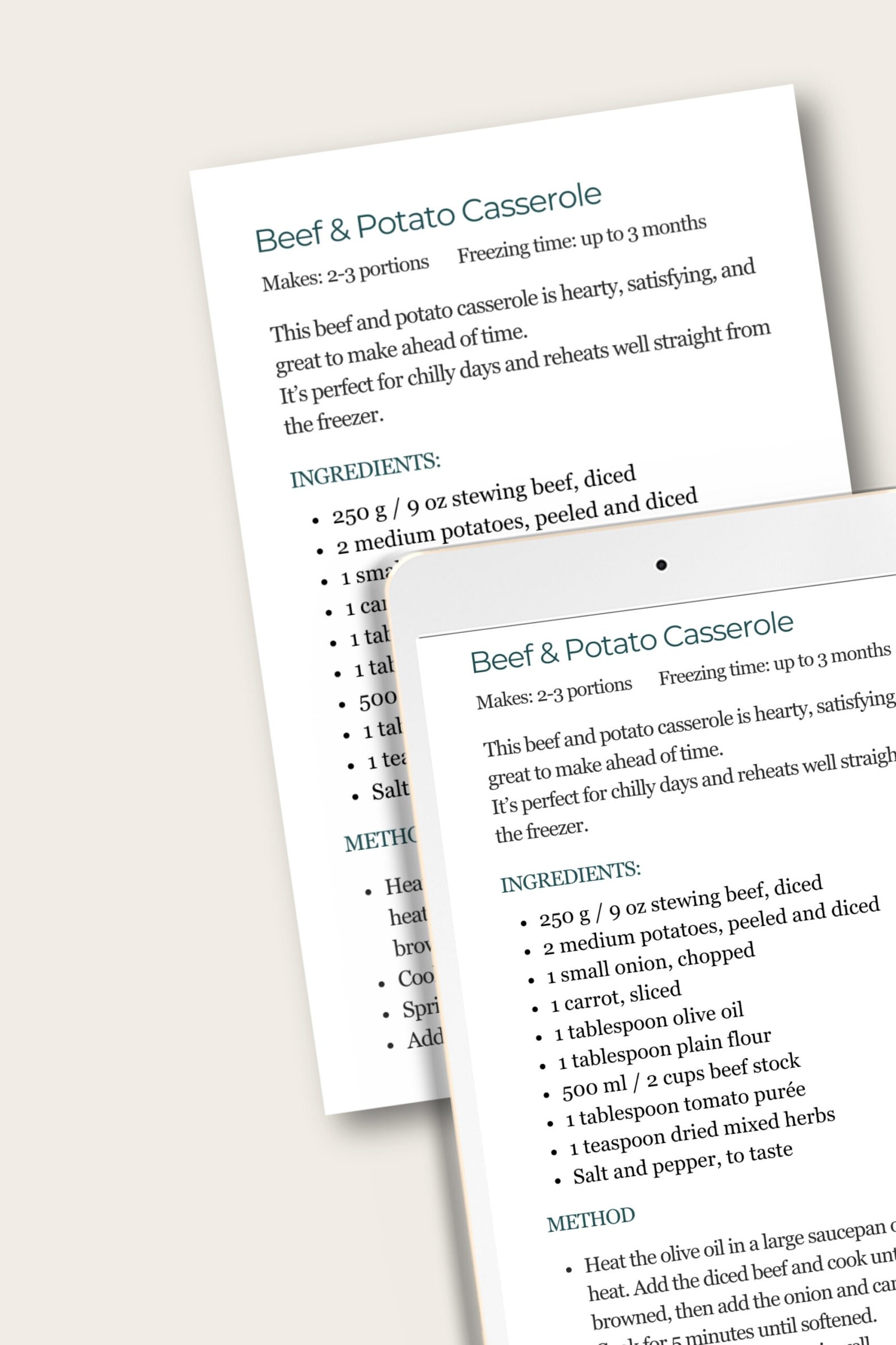 recipe printed sheet and on ipad on cream background