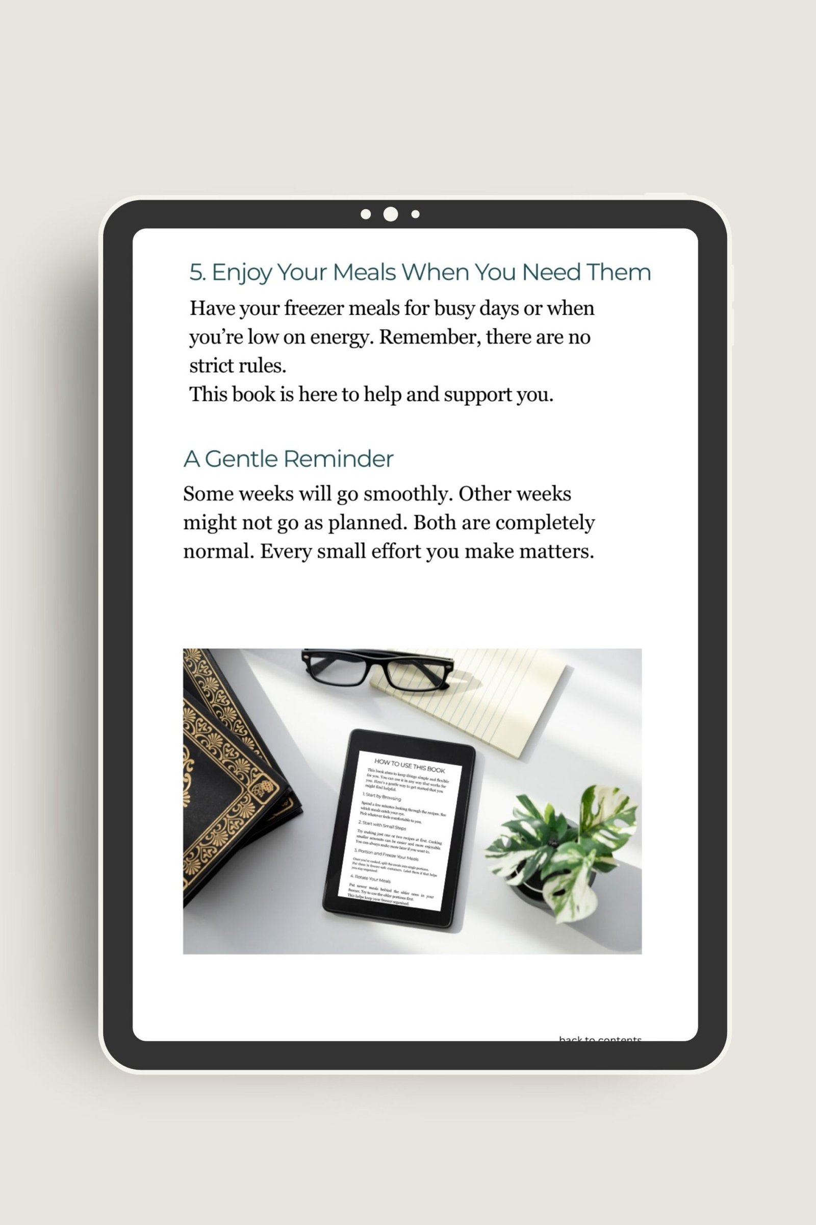 cooking for one notes with image of iPad showing recipes