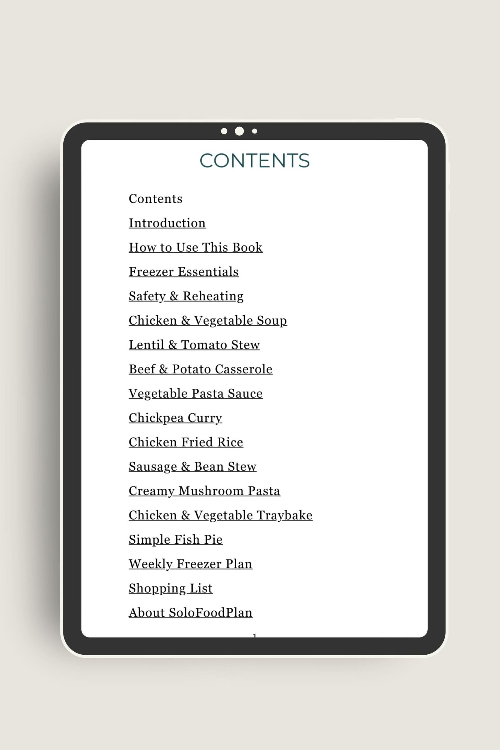 Contents for 10 freezer meals for one displayed on iPad