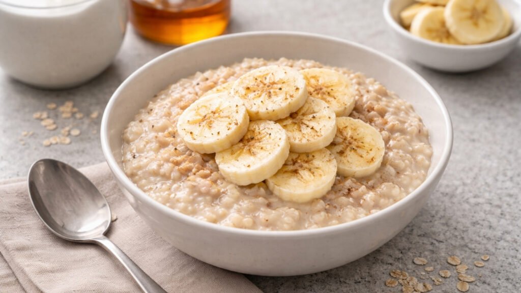 simple bowl of porridge and banana in a white bowl