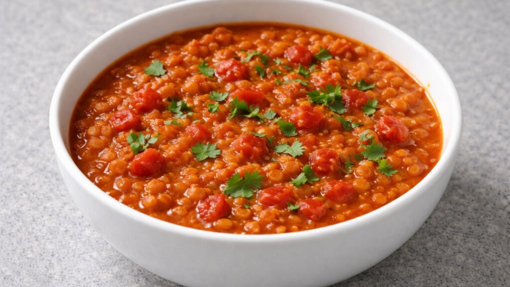 A basic red lentil and tomato stew in a plain white bowl on grey background
