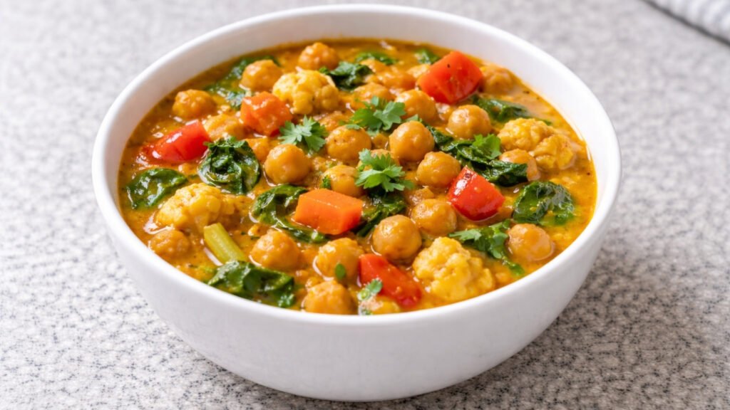 chickpea and vegetable curry in white bowl on a grey background