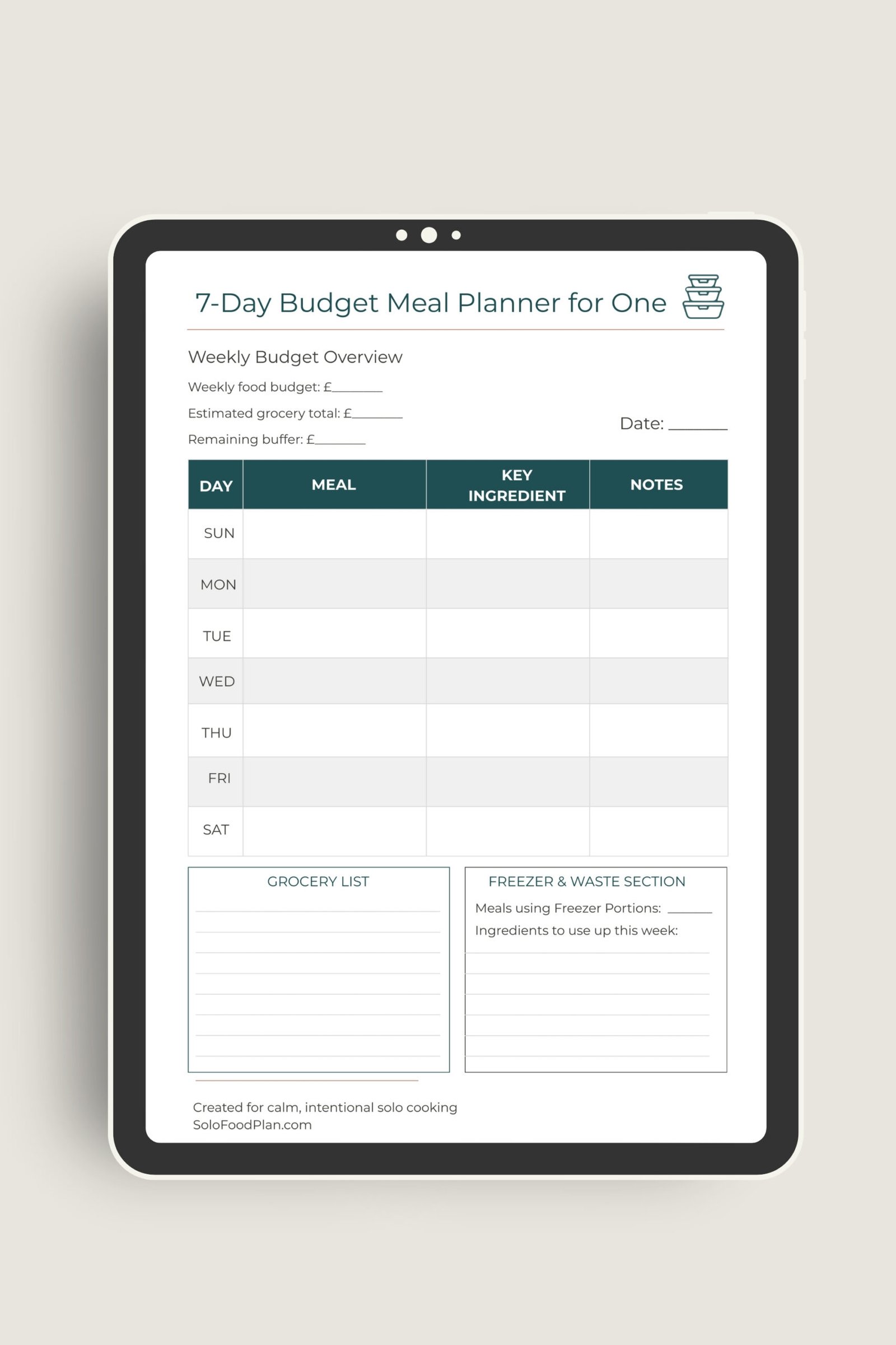 7-day budget meal plan displayed on iPad