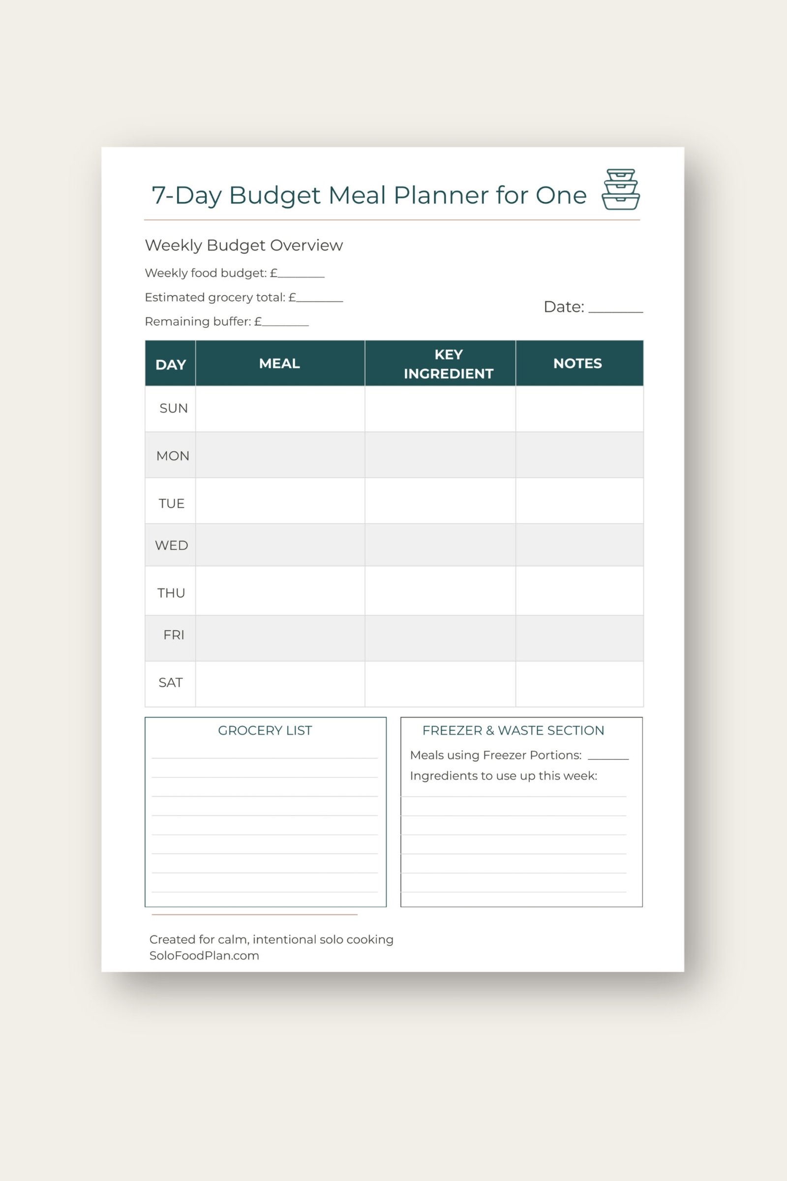 7-Day Budget Meal Planner for One printed sheet set on cream background