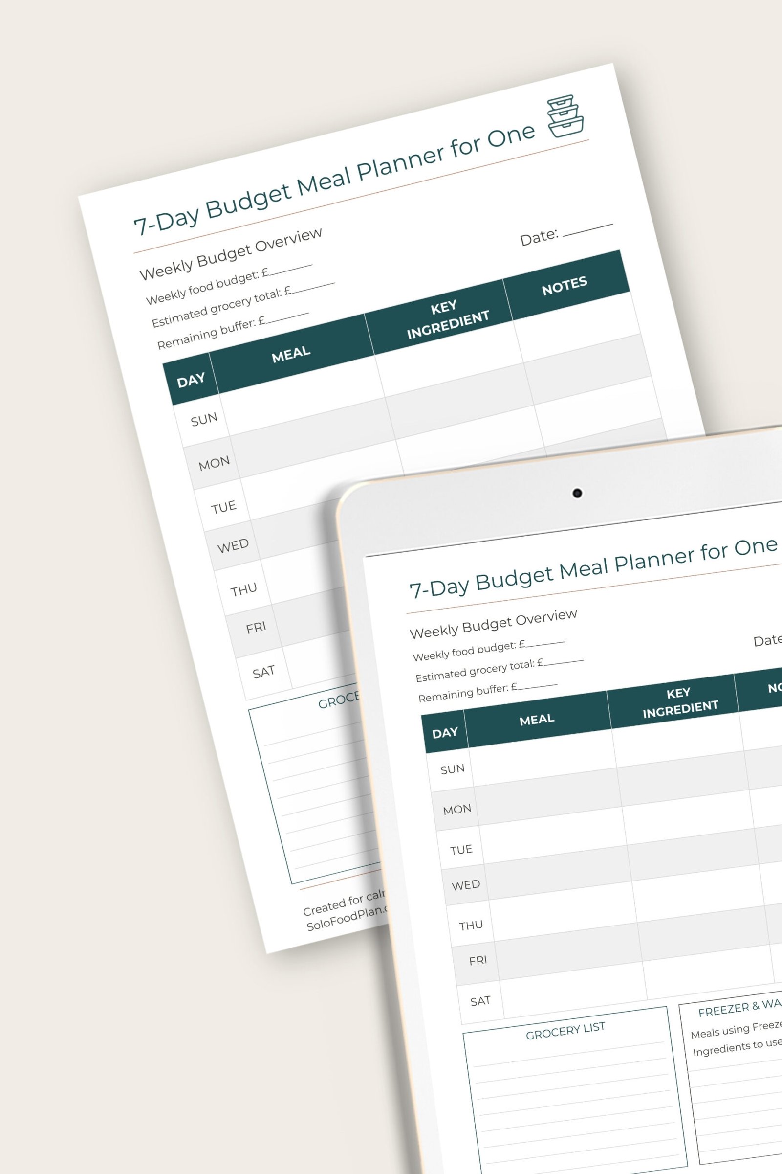 7-Day Budget Meal Planner for One printable sheet and set on an iPad