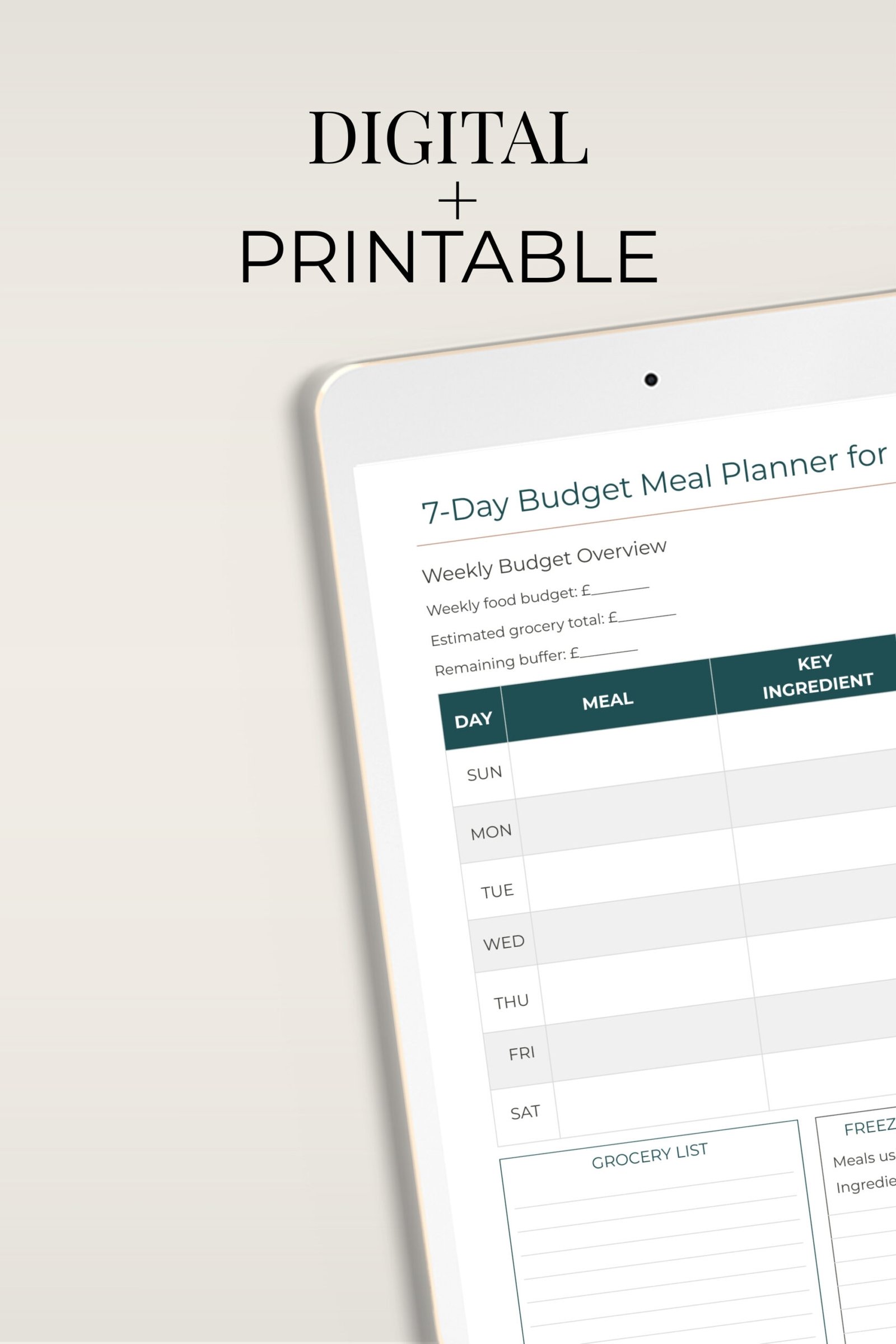 7-Day Budget Meal Planner for One close up on iPad