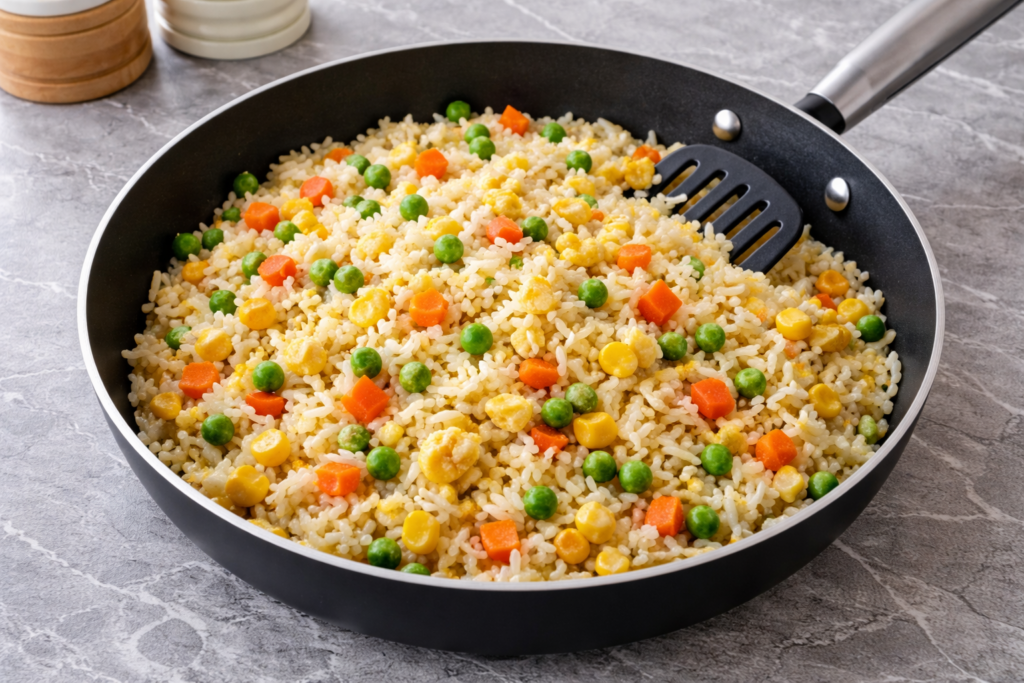simple egg fried rice in a frying pan on kitchen worktop