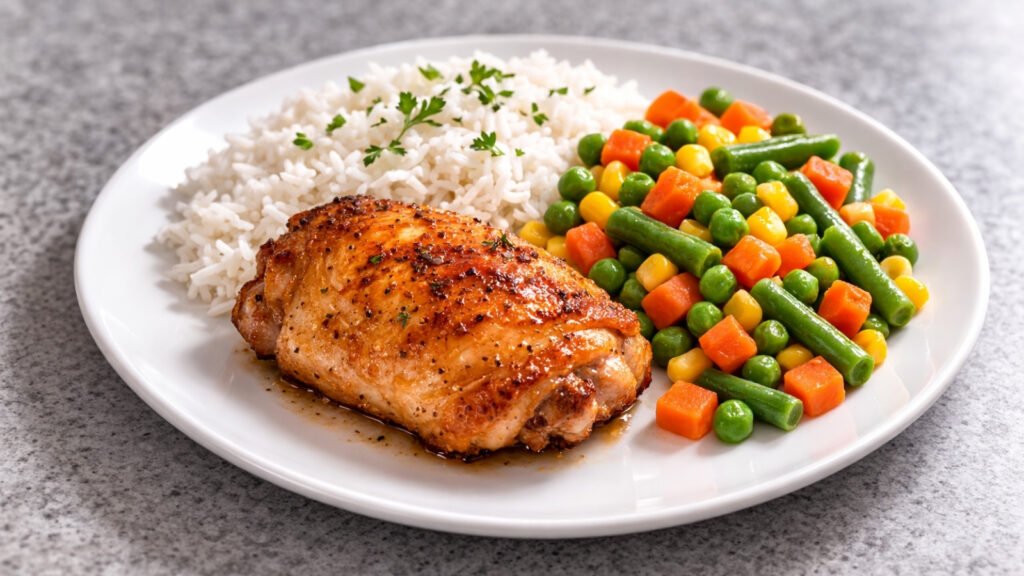Cheap Healthy Meals for One: Chicken rice and vegetables on white plate