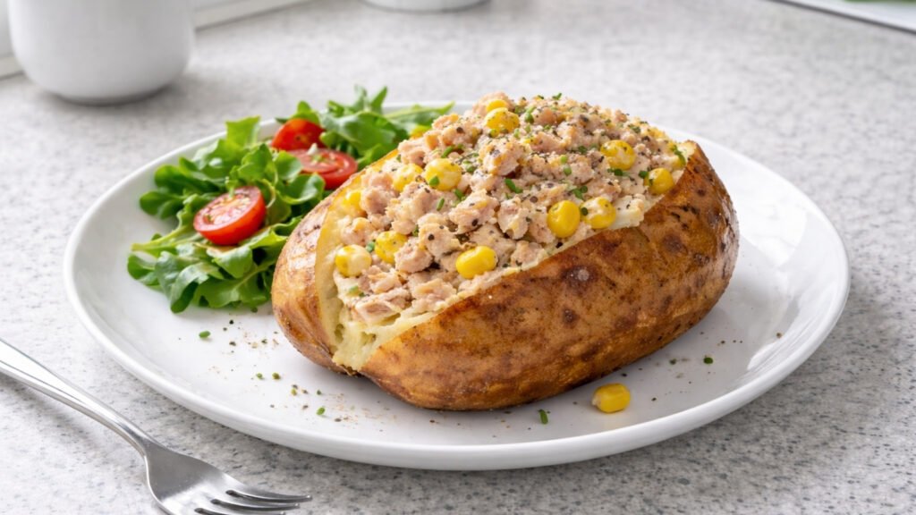 simple healthy jacket potato, tuna and sweetcon