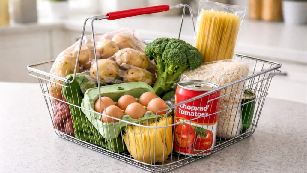 shopping basket containing eggs, potatoes,vegetables, pasta and tinned tomatoes