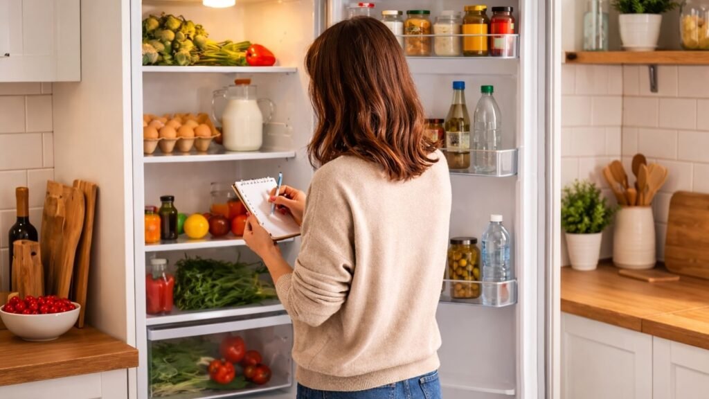 checking fridge ingredients before grocery shopping for one
