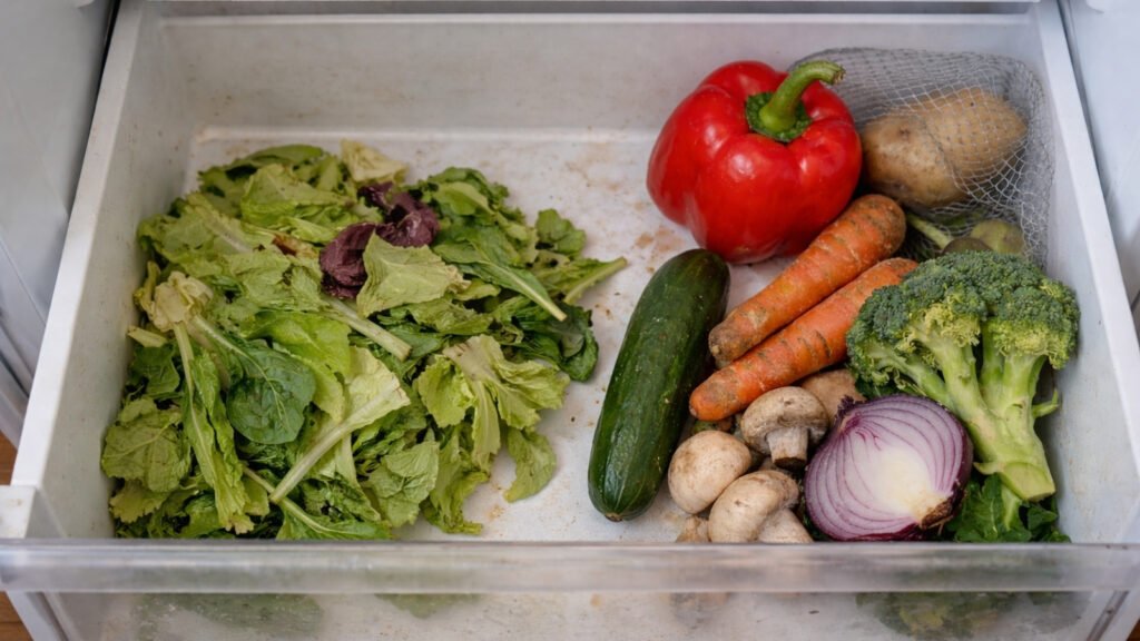 Unused fresh vegetables in fridge drawer