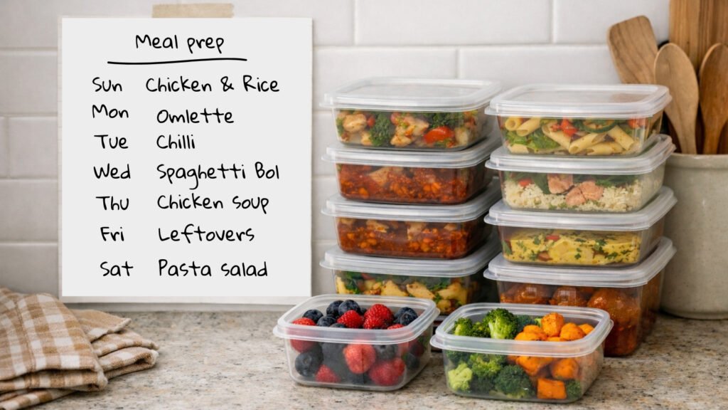 Organised single portion meals ready for the freezer next to meal prep menu plan