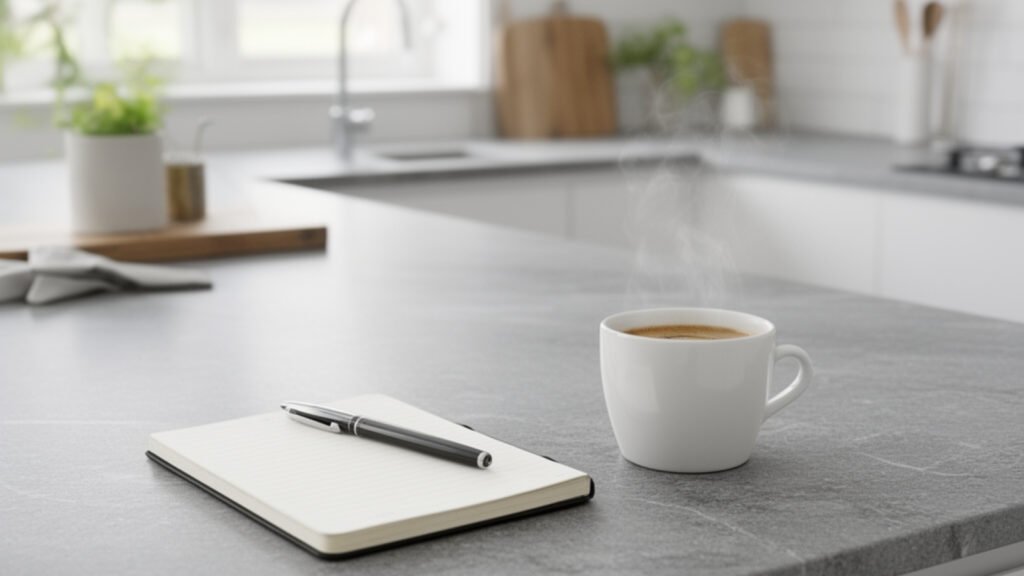 cup of coffee on kitchen work top next to a notebook and pen