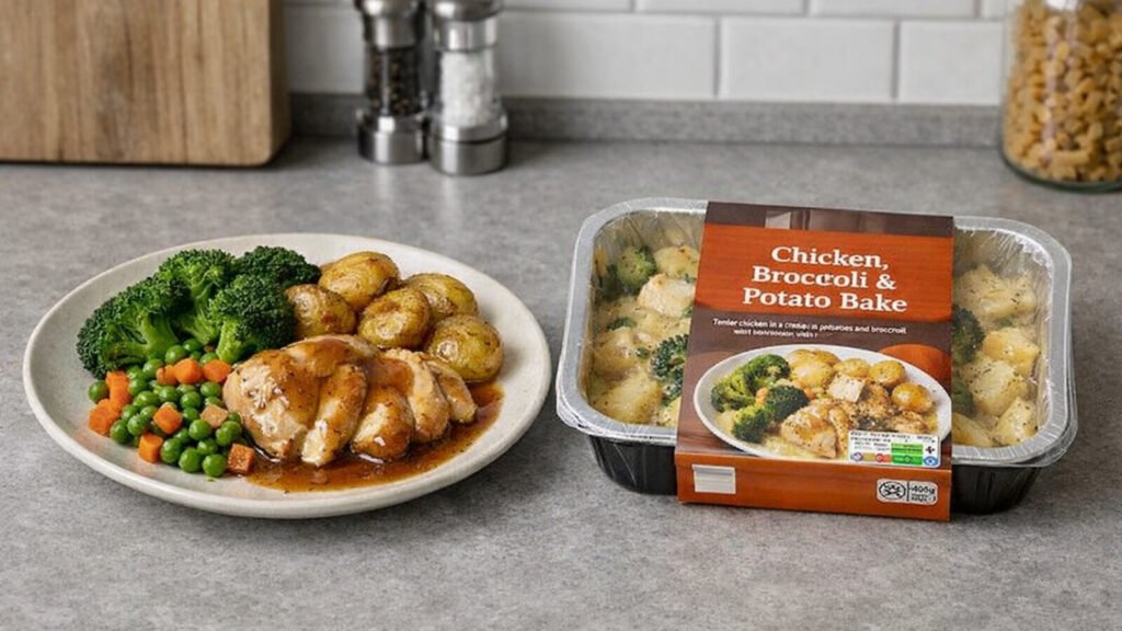 a cooked homemade chicken roast dinner next to a ready-made meal in a package
