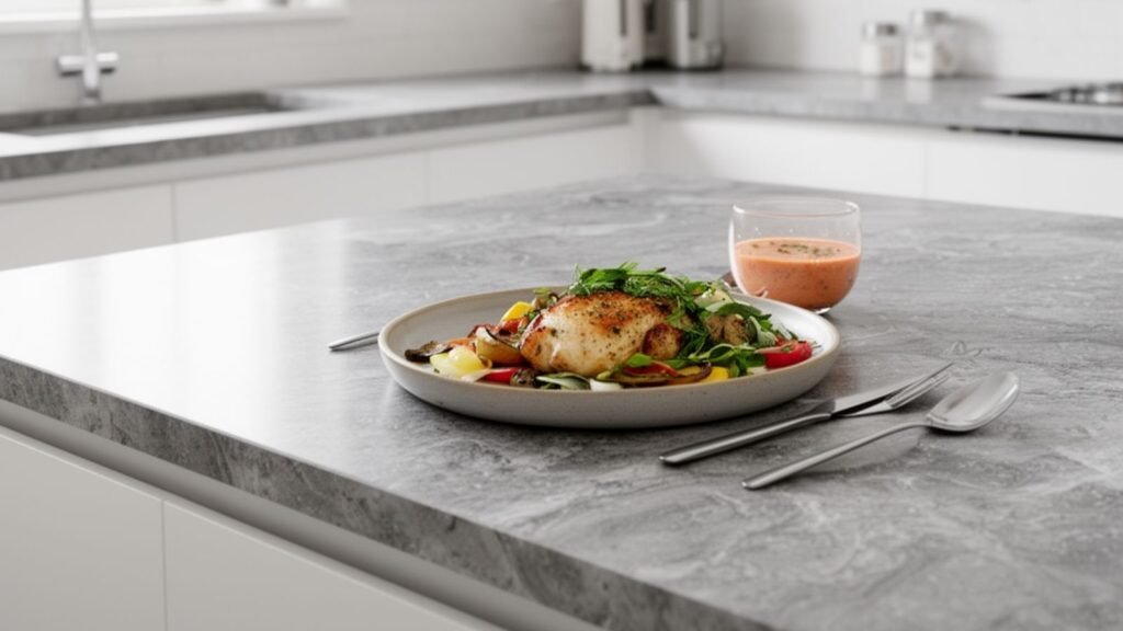Home made chicken, pasta and vegetable meal on a grey kitchen worktop