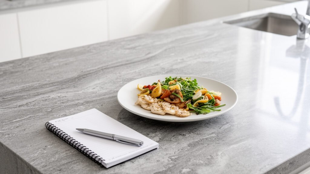 a homemade meal next to a notebook and pen on kitchen surface