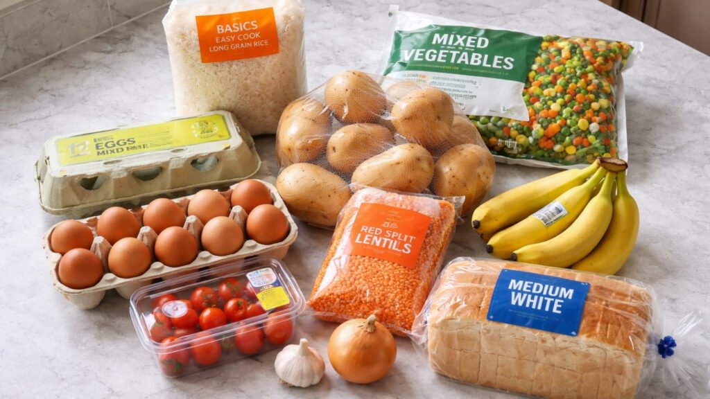 Basic weekly groceries for one person on a budget in the UK