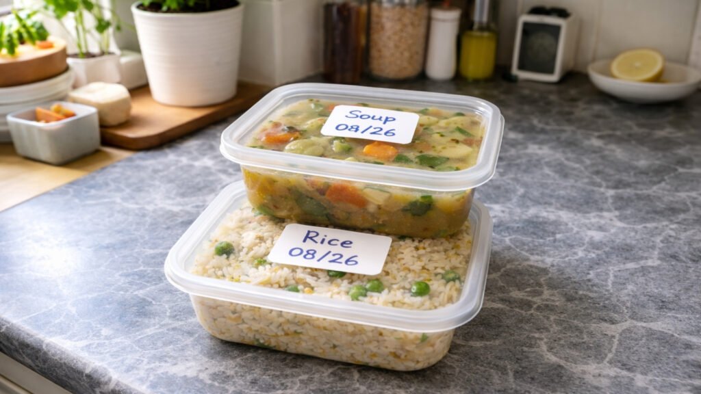 Single-portion leftovers stored for meal planning