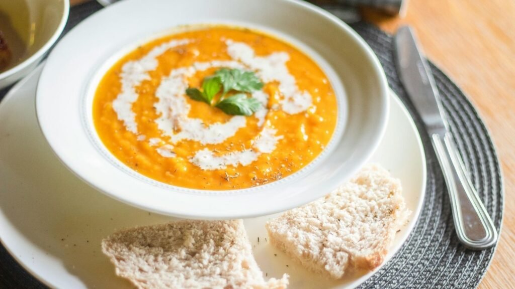 A bowl of soup and bread a quick easy dinner for one person