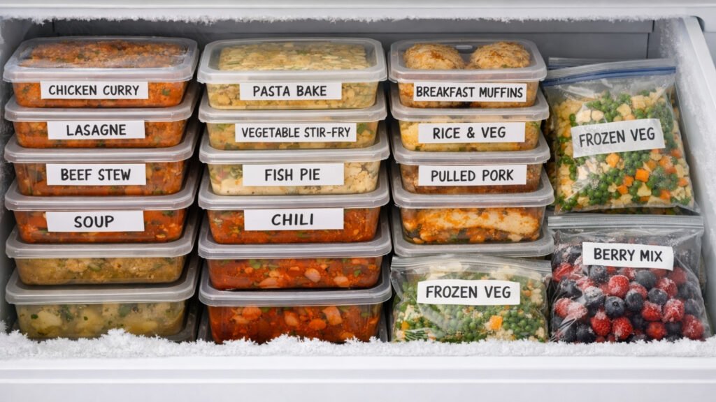 Batch-cooked meals stored neatly in the freezer to make easy dinners