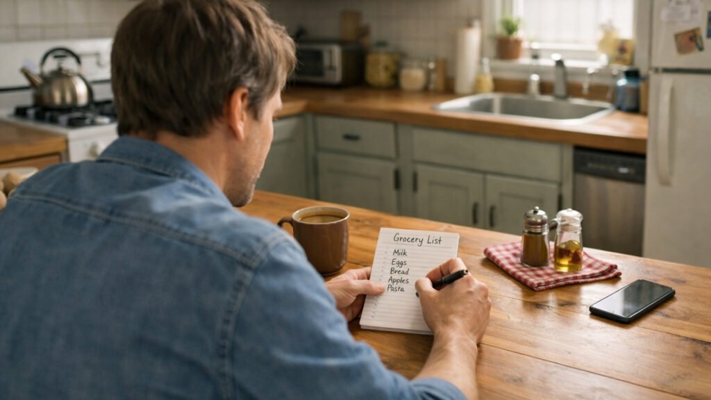 person writing simple weekly grocery list for one person