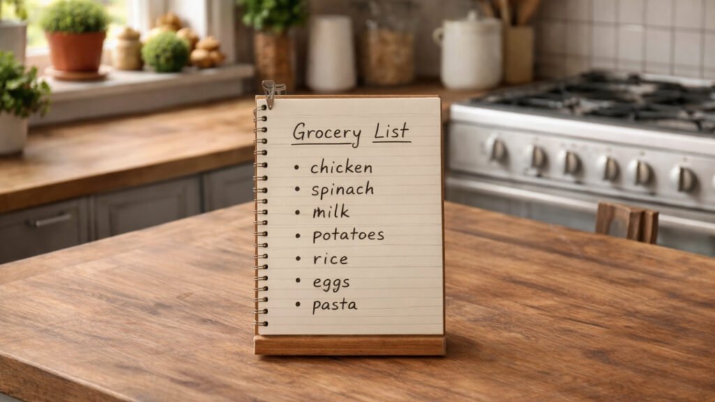 weekly grocery list on a kitchen table