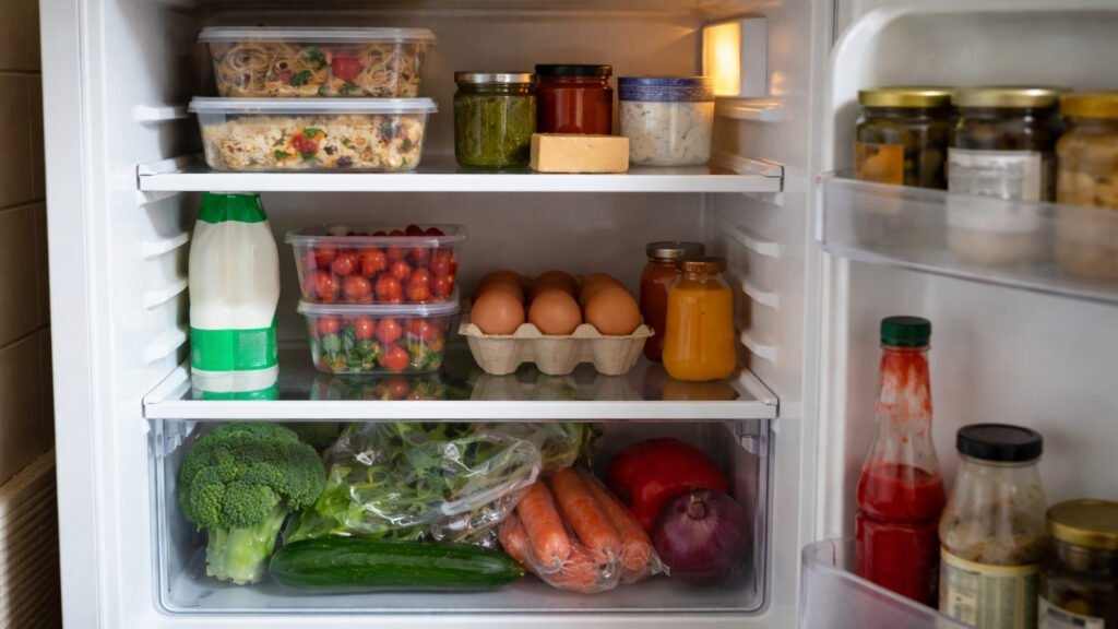 Small fridge storage for one person showing limited space for bulk grocery shopping