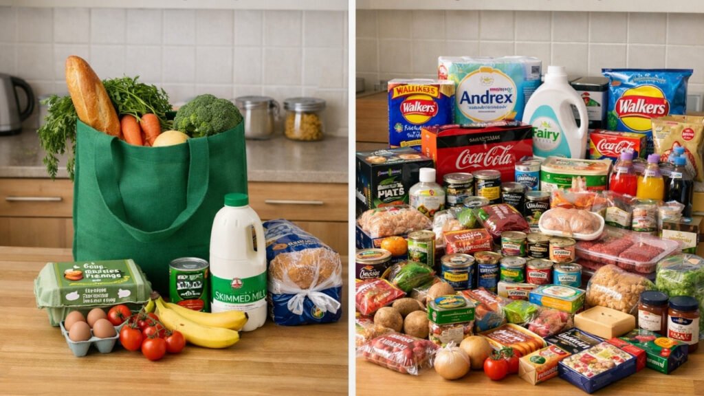 Weekly grocery shop compared to larger monthly shop for one person in the UK kitchen