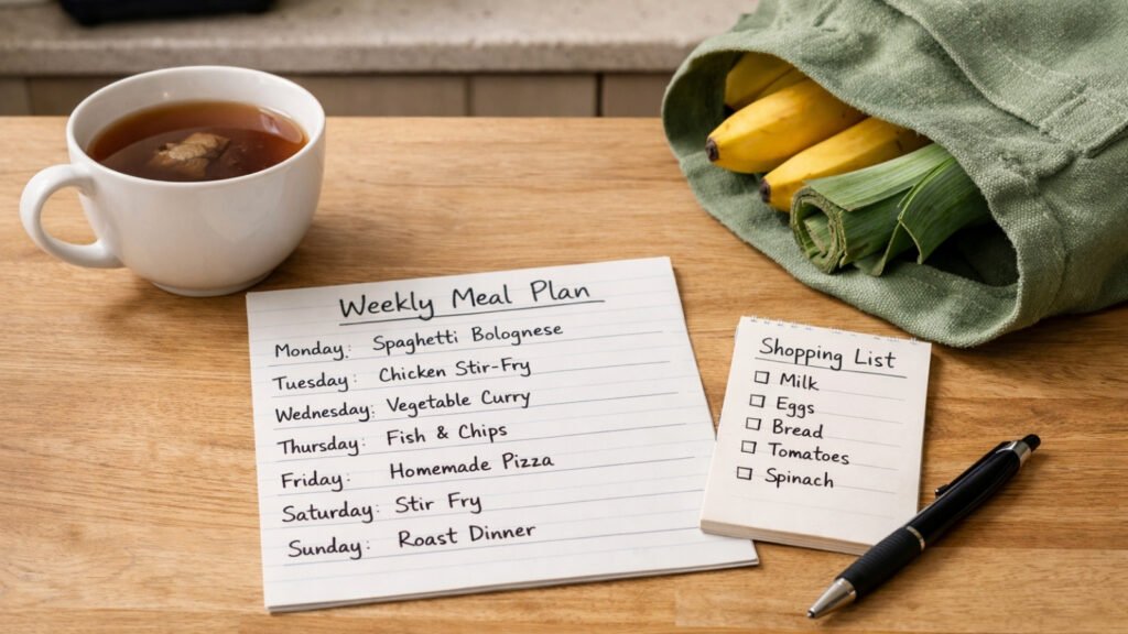 Weekly meal plan and grocery list for one person living alone in the UK.