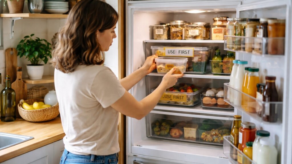 organising leftovers in fridge for one person use first area