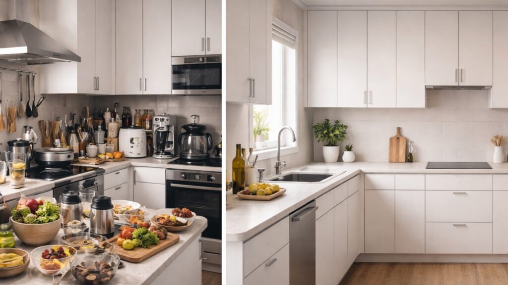 Cluttered kitchen with too many gadgets compared to a simple minimal kitchen setup for one person