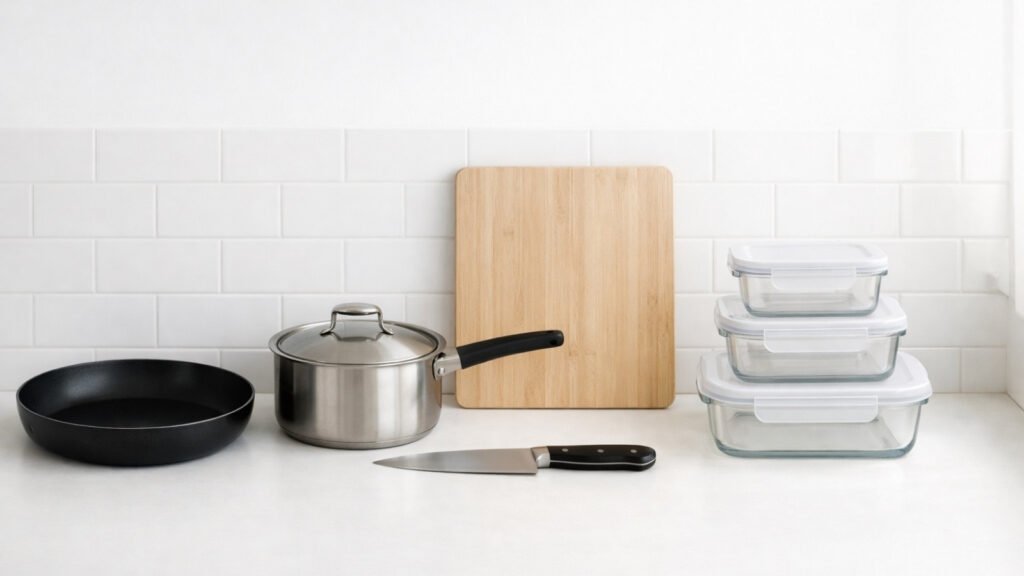 Kitchen Essentials for One Person UK: minimal cooking tools on a clean countertop