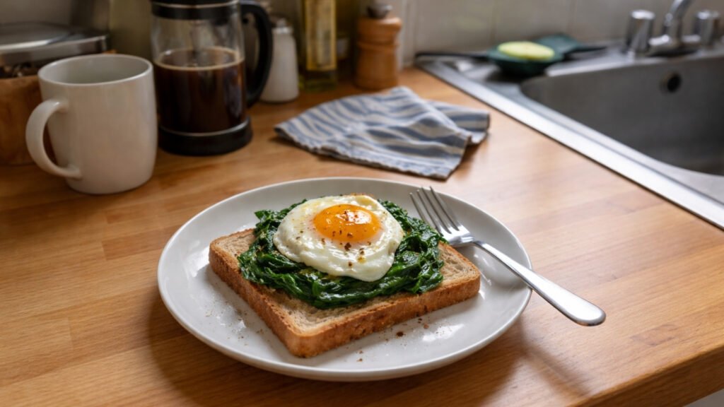 Cheap healthy lunch for one person with eggs and spinach on toast in a UK kitchen.