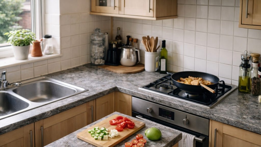cooking simple meal for one in a small UK kitchen