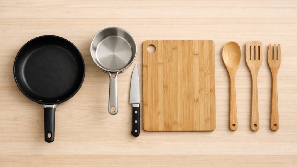 Basic Kitchen Essentials for One Person UK including frying pan, knife, chopping board and utensils arranged neatly
