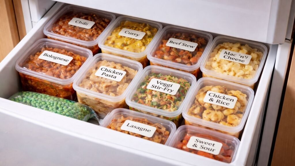 freezer meals stored in single portions for one person
