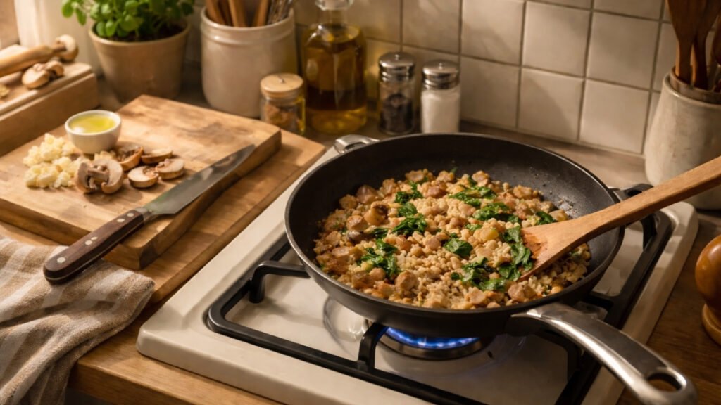 cooking a meal for one in a frying pan in a small uk kitchen