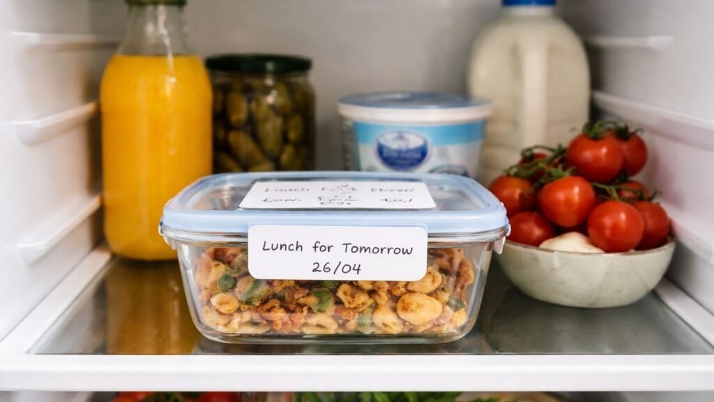 Single portion leftovers stored in a fridge for another meal when living alone.