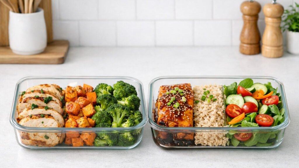 Meal prep containers with healthy meals prepared for one person, ideal for weekly cooking and food storage