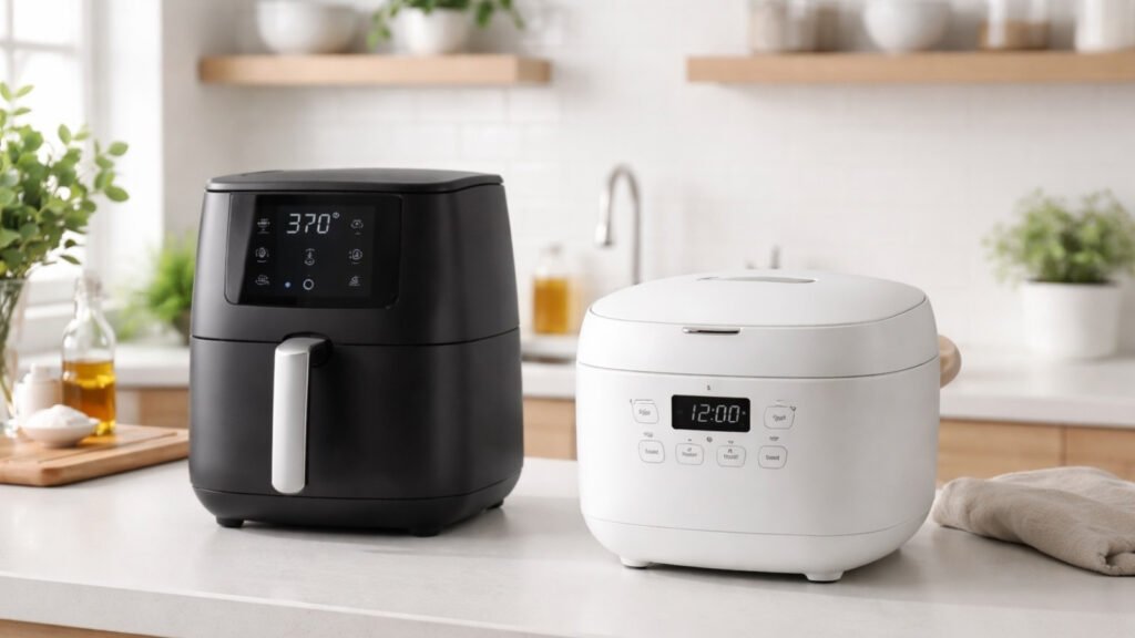 Small kitchen appliances including air fryer and rice cooker on a modern kitchen counter
