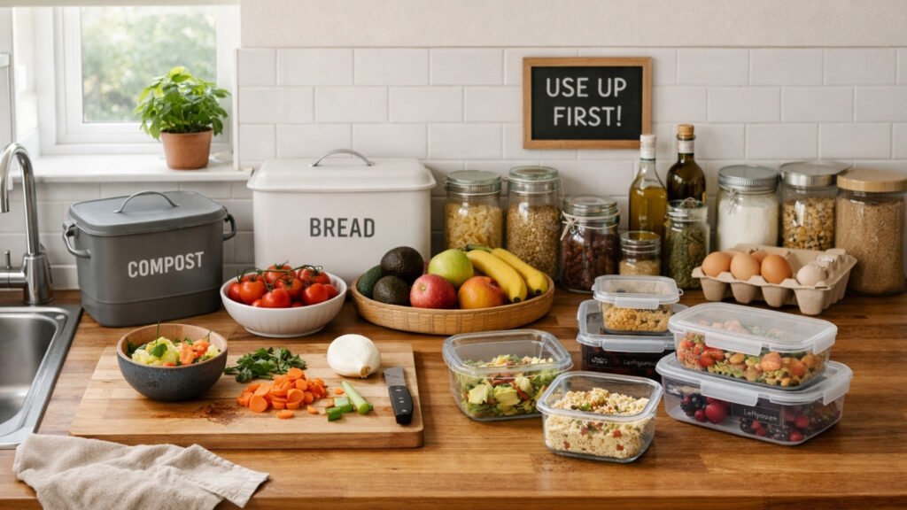 how to stop wasting food when living alone UK kitchen organisation