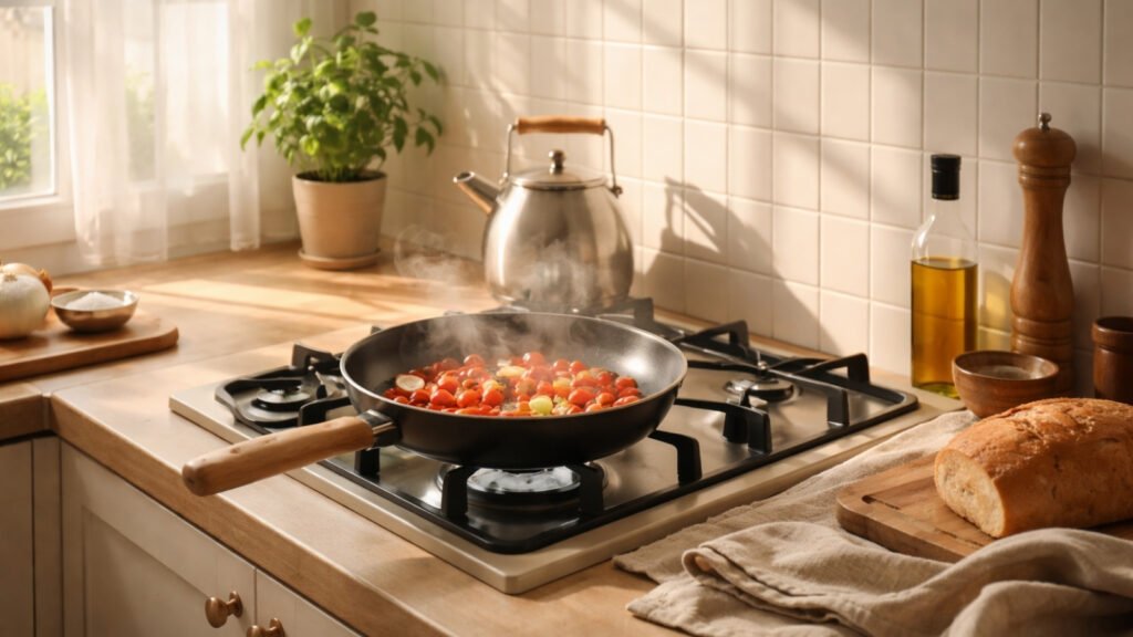 simple cooking for one person frying pan minimal kitchen