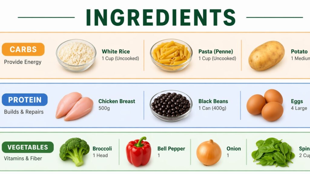 simple grocery categories one person carbs protein vegetables UK