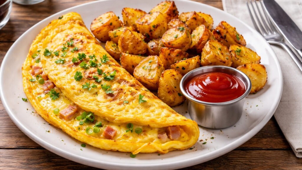 simple low cost meal for one, omelette and fried potatoes