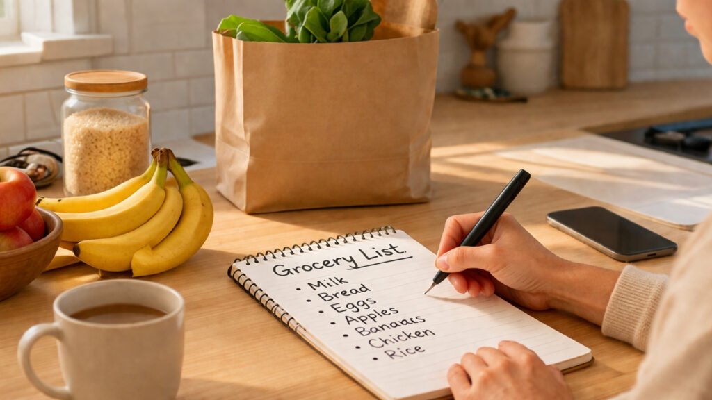 writing a grocery list, preparing for meals for one person